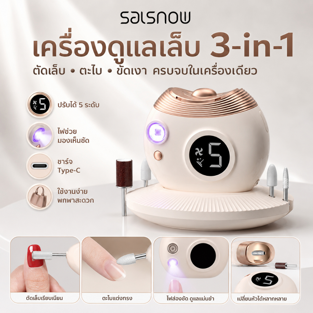 SALSNOW Miniกรรไกรตัดเล็บไฟฟ้า 3 ใน 1 แต่งเล็บนิ้วมือ ผงเรียบหรือพลิช แสงยูวี（แถมฐานด้วย）