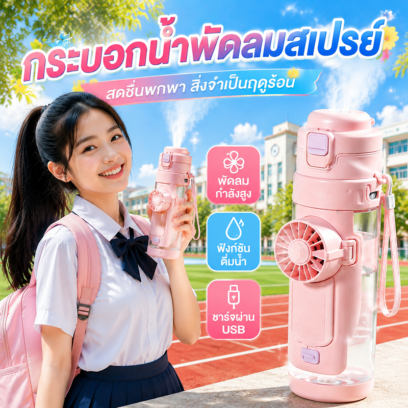 กระบอกน้ำพัดลมสเปรย์ถ้วยพัดลม 2-in-1, กีฬาระบายความร้อนโปร่งใส 690 ML กีฬาป้องกันการรั่วขวดดื่มยิม ชาร์จผ่านพอร์ต USB