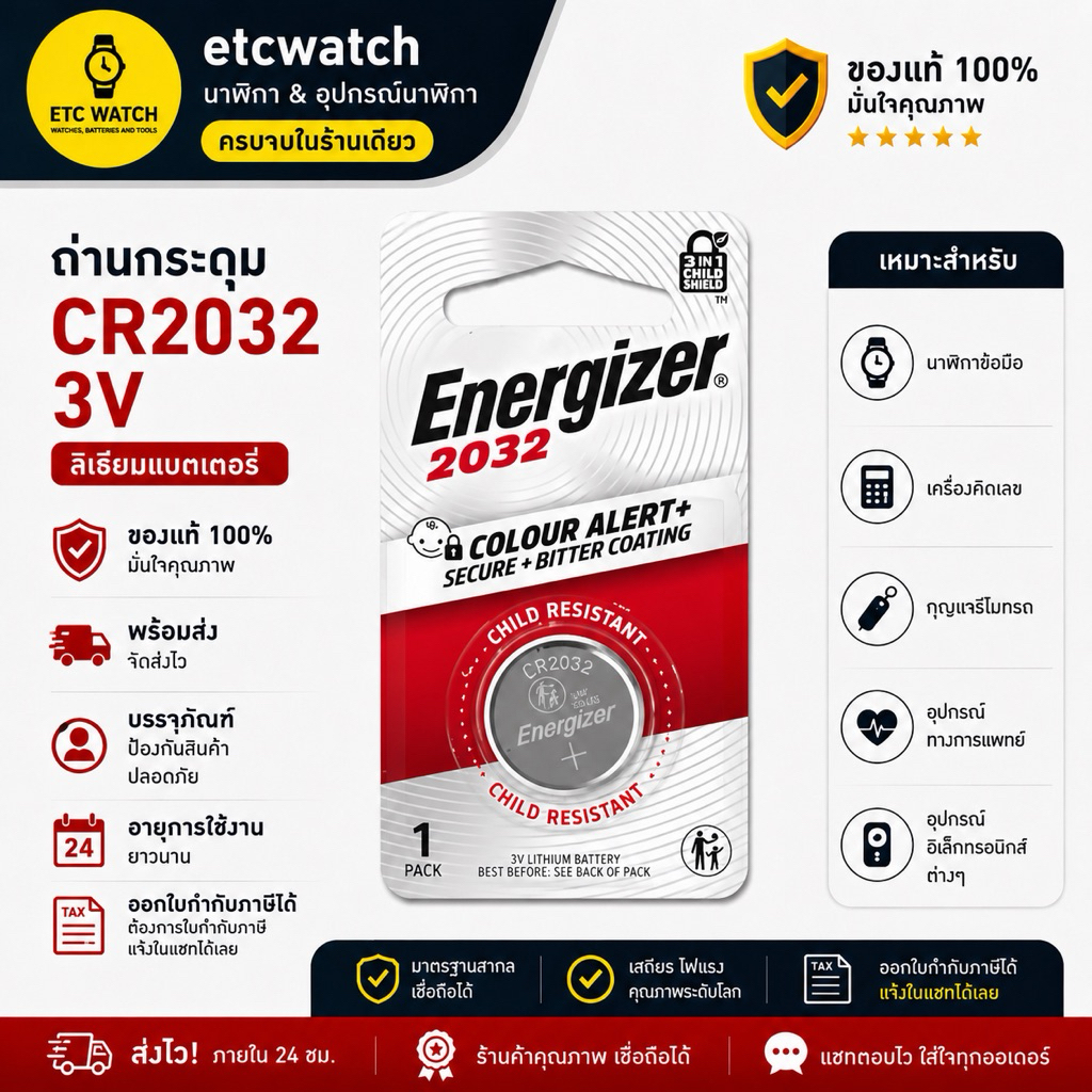ถ่าน Energizer CR2032 Lithium 3V จำนวน 1 ก้อน
