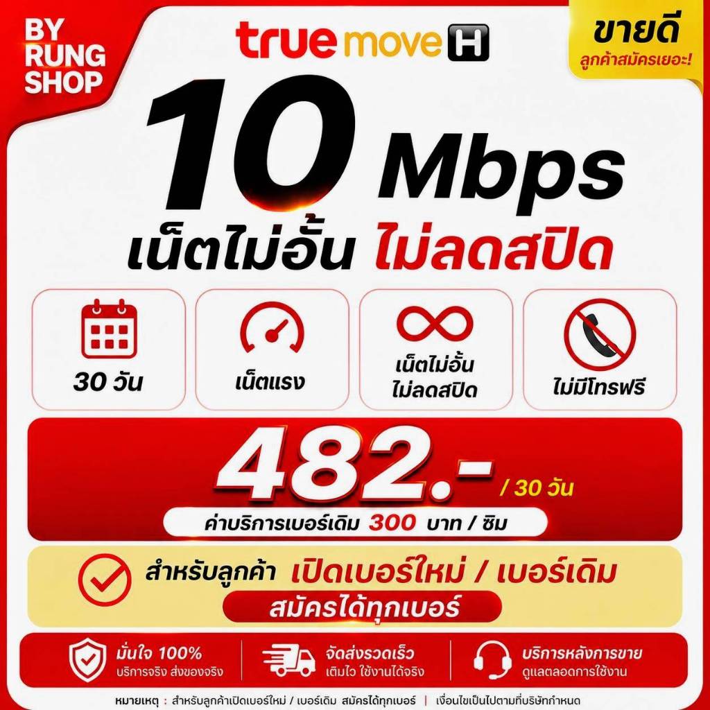 ซิม TrueMove H เน็ต 10Mbps ไม่อั้น 30 วัน สำหรับเบอร์ใหม่และเบอร์เดิม