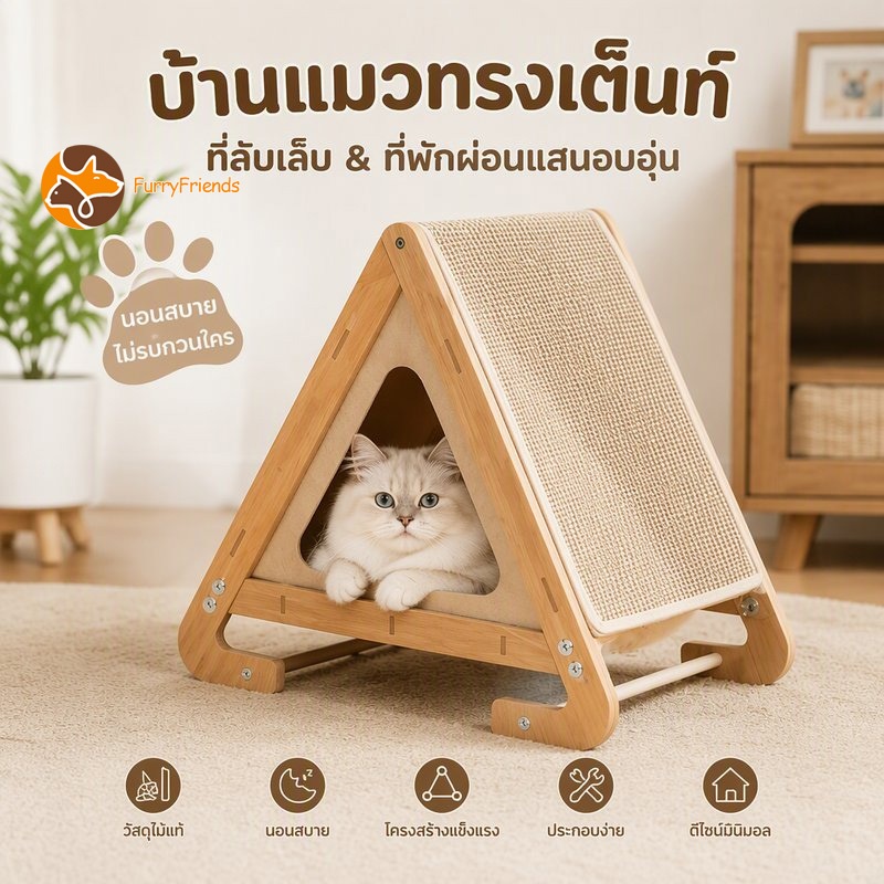 บ้านแมว คอนโดแมว เตียงแมวไม้ ไม้ 2-IN-1 เต็นท์รังแมว แผ่นเกาแมว ฟังก์ชั่นคู่ ใช้ได้ทั้งสี่ฤดูกาล