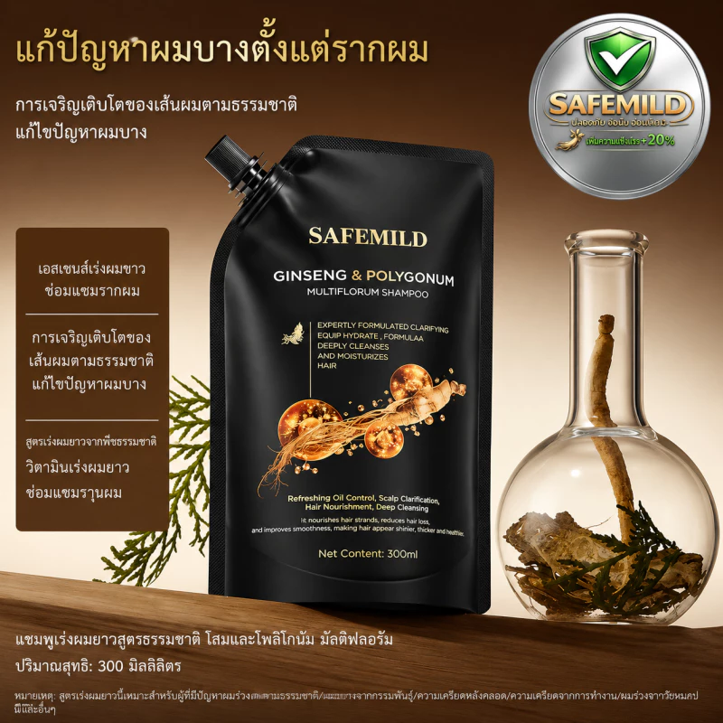 【ของแท้ 100% 】แชมพูสมุนไพร SAFEMILD ขนาด 300 มล. สูตรพืช ลดผมร่วง ผมหงอก และส่งเสริมการเจริญเติบโตของเส้นผม