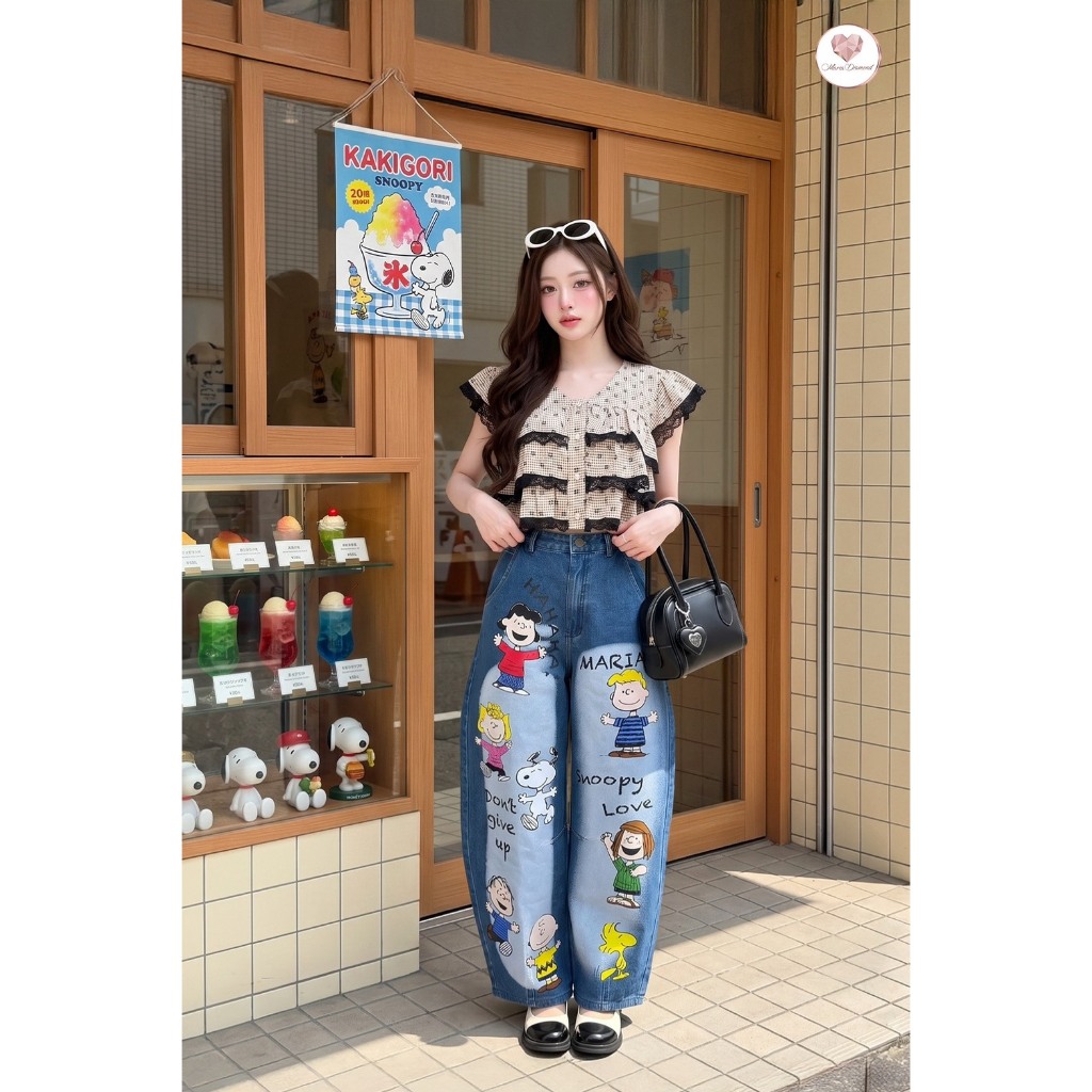 (มีถึง 3XL) ยีนส์ Don't Stop Denim Set เซ็ต 2 ชิ้น เสื้อคอตตอนระบายแต่งลูกไม้ + กางเกงยีนส์ทรงบาเรลสกรีนลายการ์ตูน