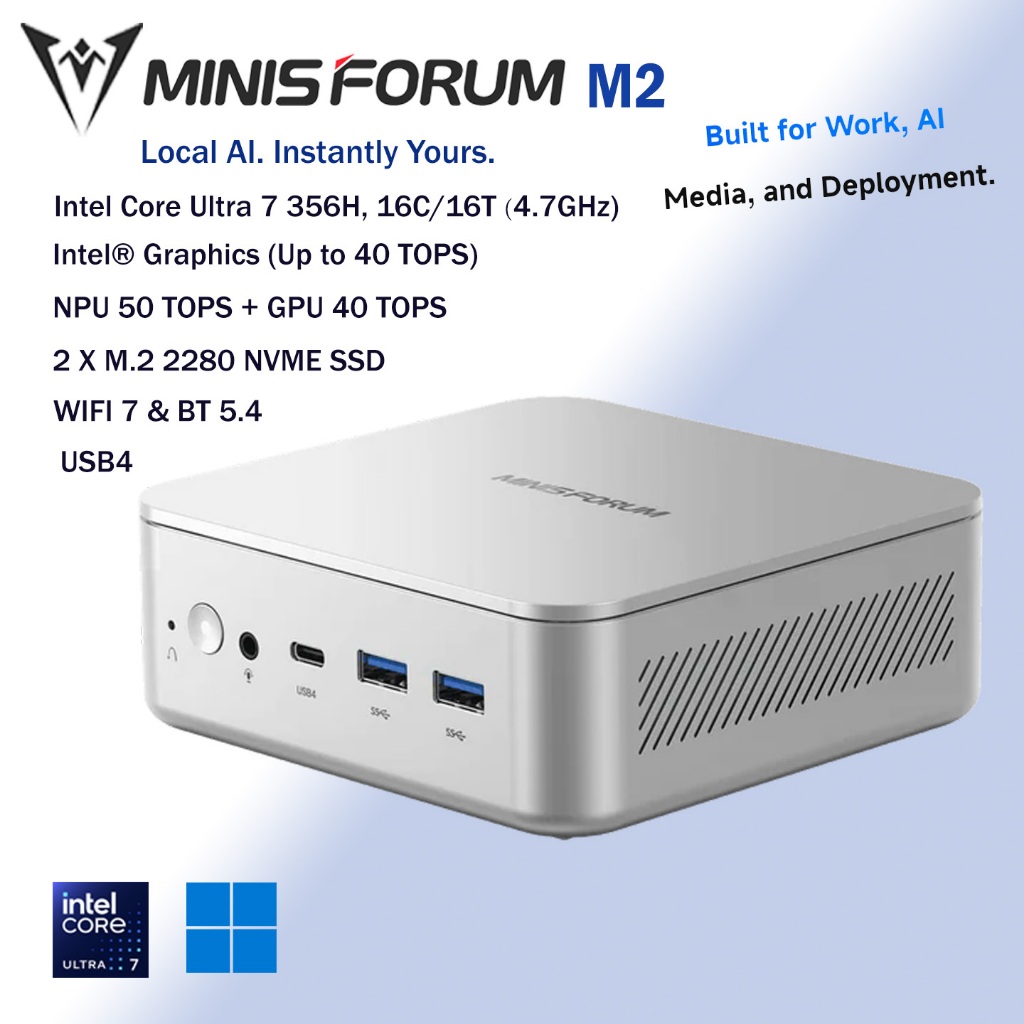 AI mini PC MINISFORUM M2 Core Ultra 7 356H 90 TOPS total AI Power NPU 50  + GPU 40 Smooth Inference