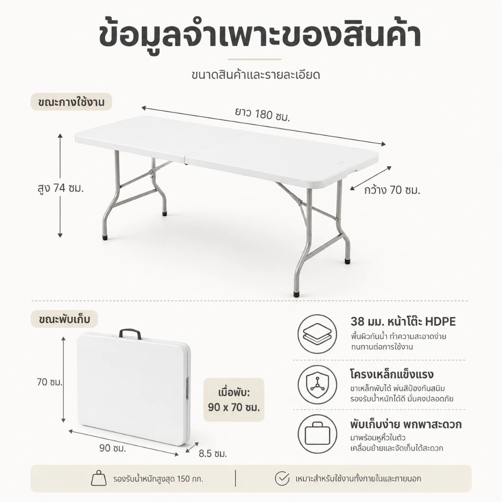 KATIFIA โต๊ะพับได้ โต๊ะแคมป์ปิ้ง 180cm รับน้ำหนักได้800กก โต๊ะปิกนิคพับได้ Outdoor table thumbnail 10