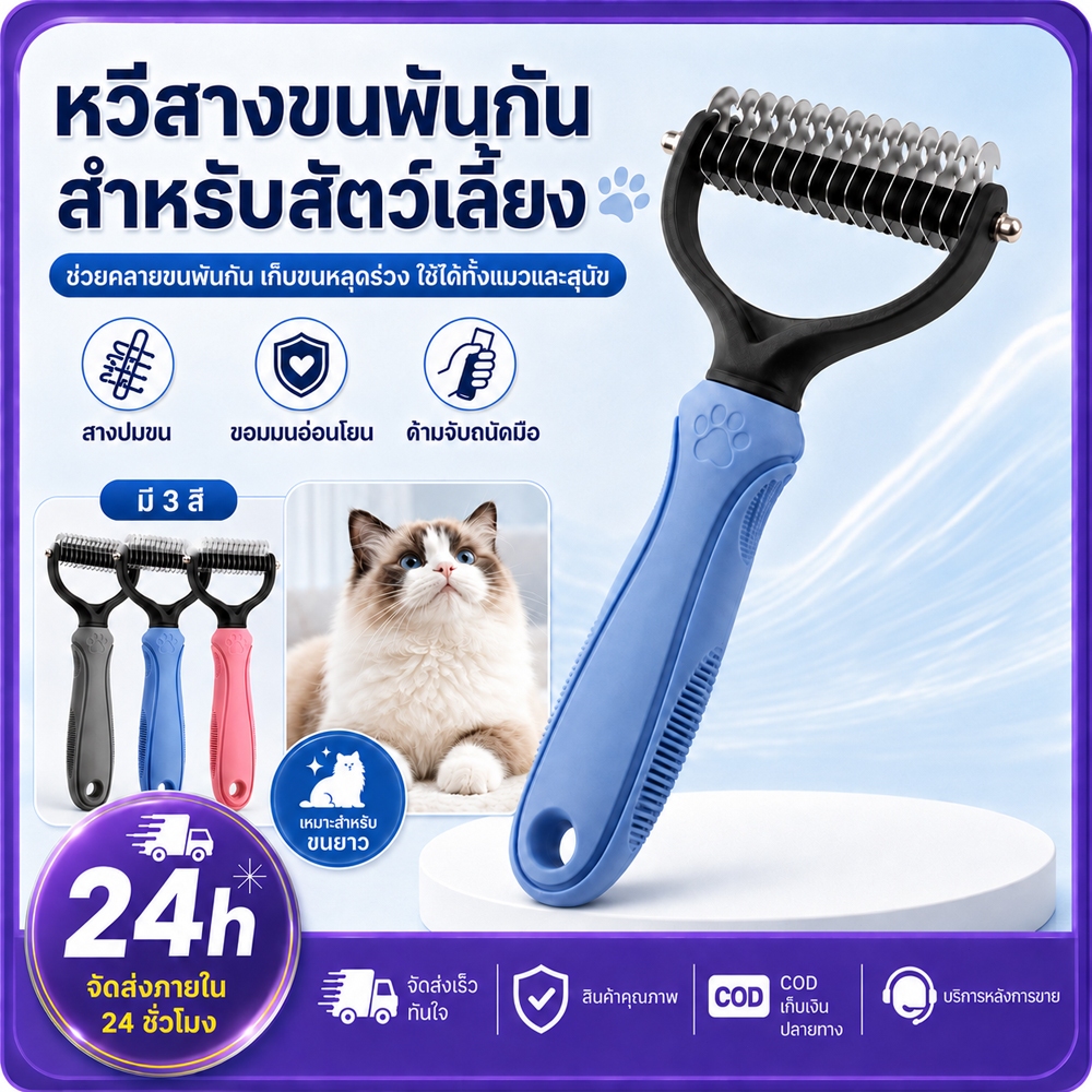 PETWELL แปรงกําจัดขนสองด้าน หวีซี่สแตนเลส สางขนพันกัน ลดขนหลุดร่วง กำจัดขนลอย สำหรับสุนัขและแมว