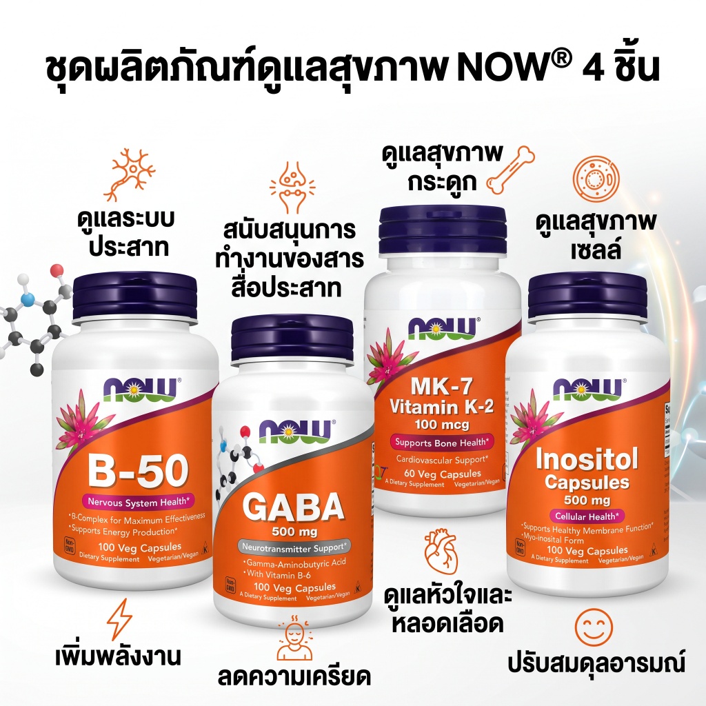 ชุดอาหารเสริม NOW 4 ชิ้น B‑50 GABA MK‑7 Vitamin K‑2 Inositol ดูแลประสาท สมอง กระดูก ปรับฮอร์โมน เสริ