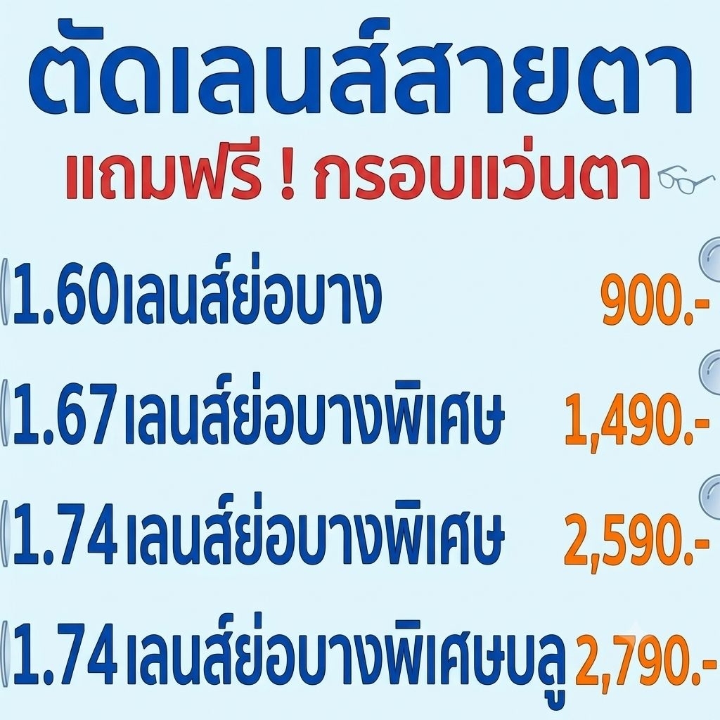 รับตัดเลนส์​สายตา​ทุกชนิด​ ตัดแว่นสายตา​ เลนส์​ย่อ​บาง​พิเศษ​1.60/1.67และย่อบางที่สุด1.74​ เลนส์​ย่อบางพิเศษ​