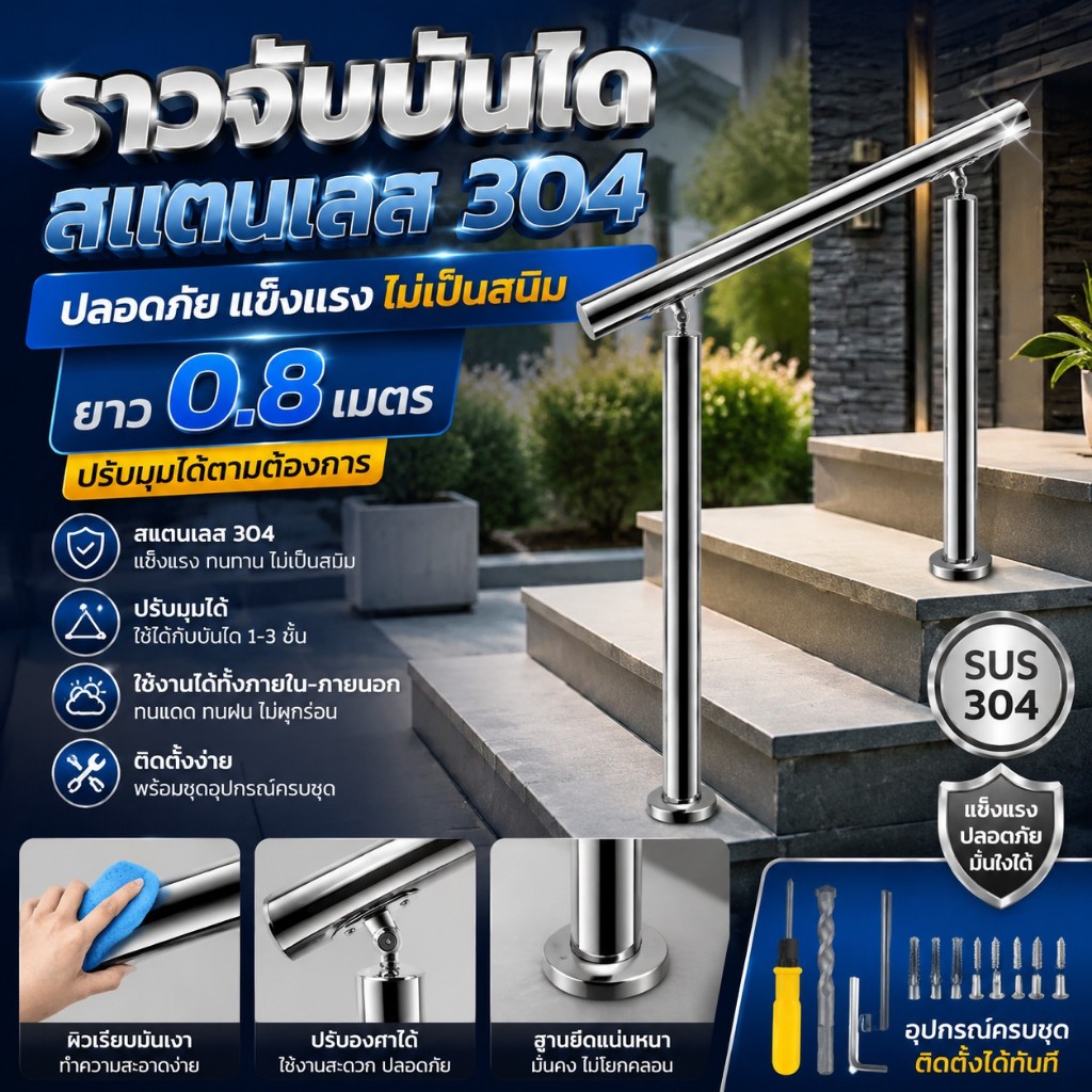 ราวจับบันไดสแตนเลส 304 ยาว 0.8ม. ปรับมุมได้ สำหรับบันได 1-3 ขั้น ใช้ภายในและภายนอก แข็งแรงกันสนิม