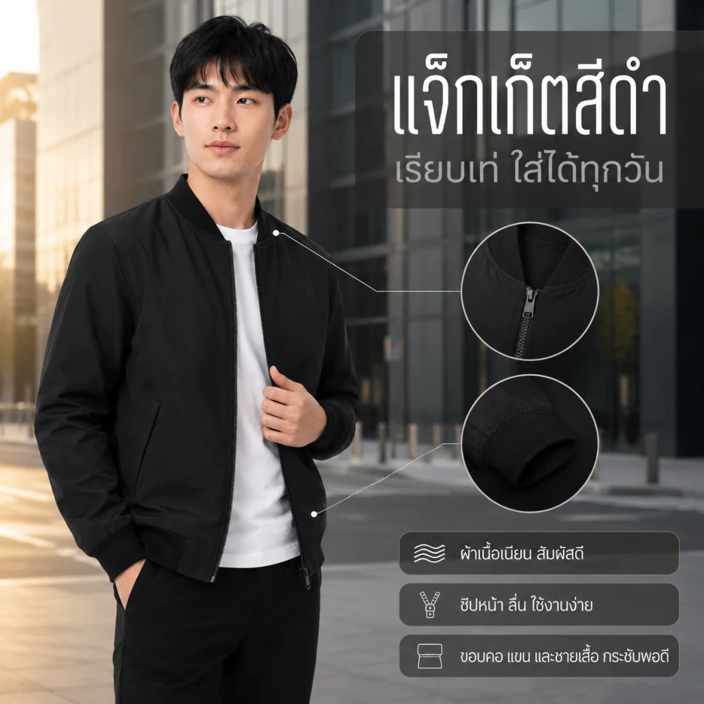 🚚COD🚚เสื้อแจ็คเก็ตบอมเบอร์ผู้ชาย สีดำ ดีไซน์เรียบ เท่ ใส่สบาย ซิปหน้า แมตช์ง่าย เหมาะสำหรับใส่ทุกวัน