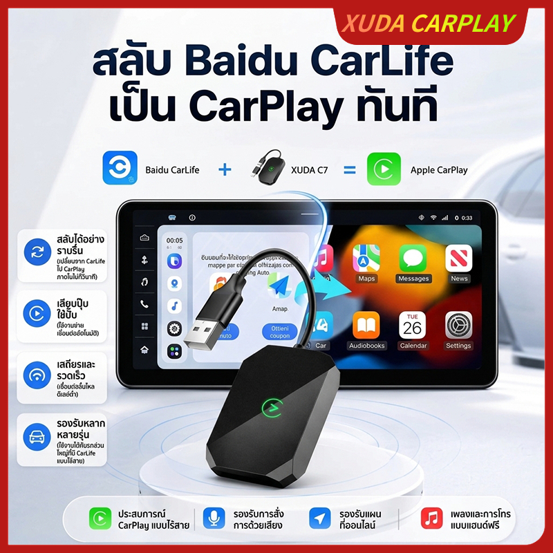XUDA C7 แปลง Carlife เป็น Apple Carplay Dongfeng และ Honda พร้อมรองรับ Google Waze Live Map(For iPho