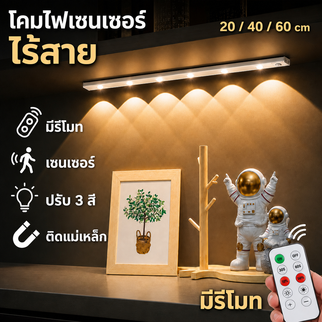 โคมไฟเซนเซอร์ ไร้สาย มีรีโมท แสงไฟรูปคลื่น LED 3 สี ปรับความสว่าง ไฟติดตู้ ชาร์จ USB 20-60 ซม. รับประกัน 12 เดือน