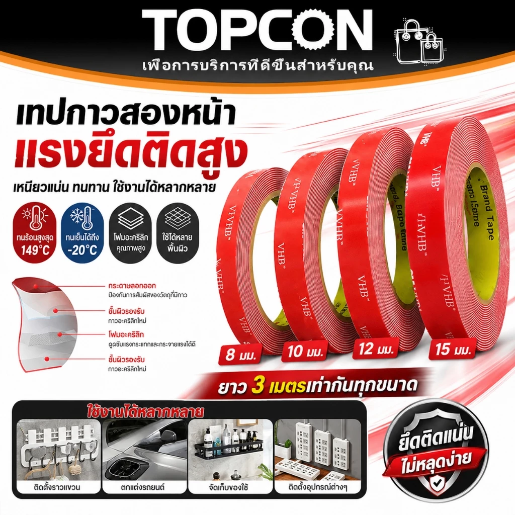 เทปกาวสองหน้า 3M VHB กาว2หน้า 8/10/12/15mm แรงยึดติดสูง ไม่ทิ้งคราบ กันน้ำ ทนความร้อน ใช้ในบ้าน รถยนต์ ออฟฟิศ