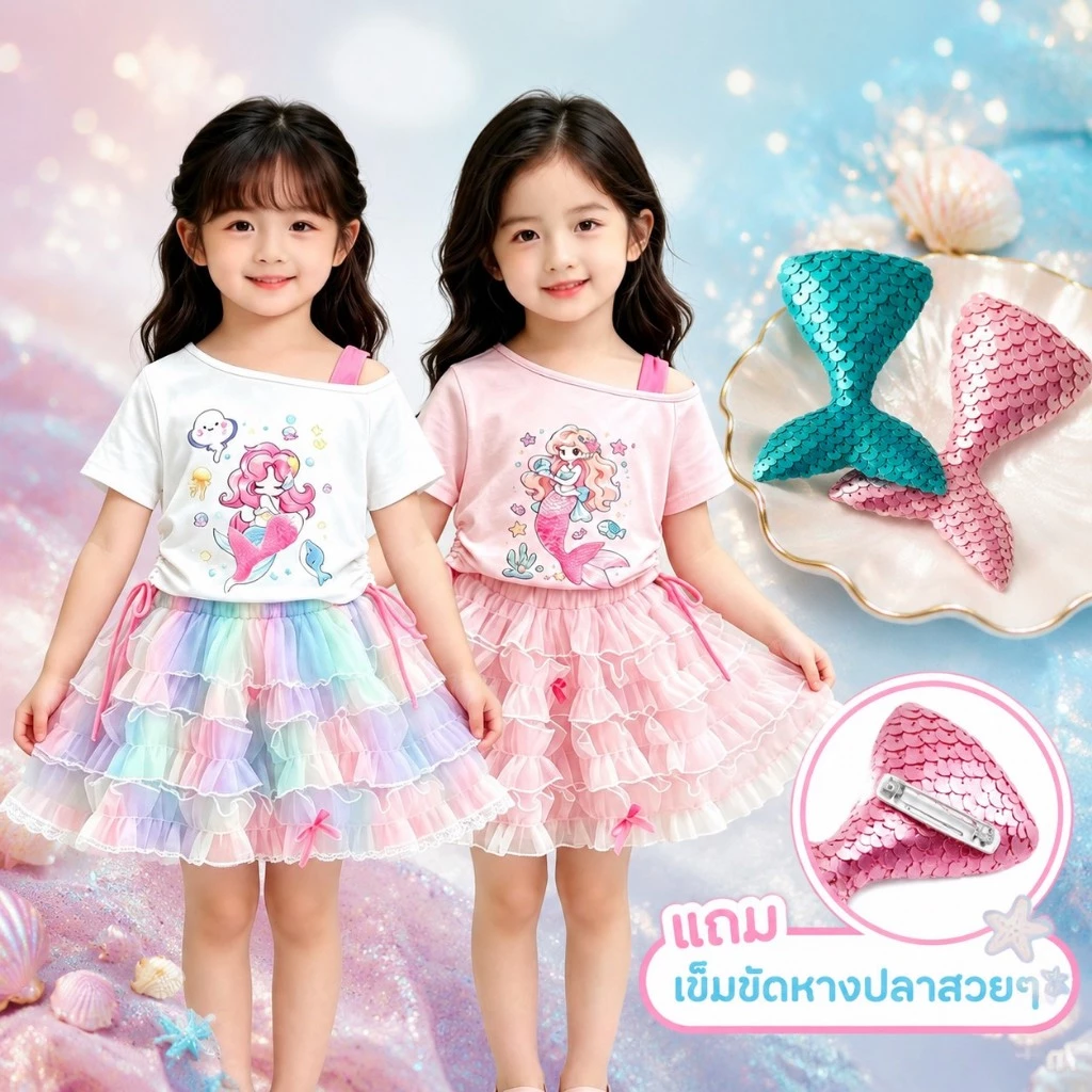 BB147 พร้อมส่ง ชุดเซตลูกสาวเสื้อ+กระโปรง เมอเมจหวาน นางเงือกน้อย น่ารักมาก