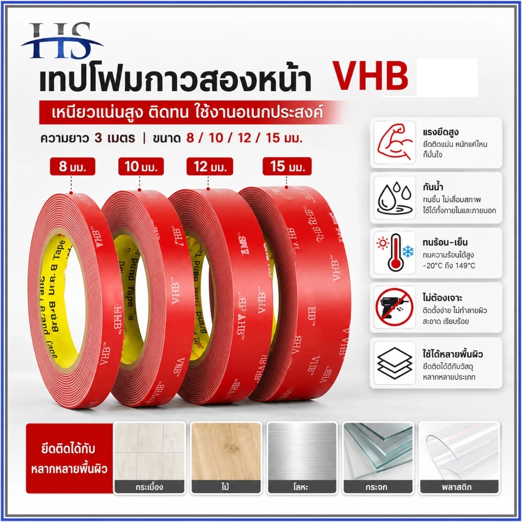 เทปกาว2หน้า 3M VHB กาวสองหน้า แรงยึดติดสูง กันน้ำทนร้อน ติดรถยนต์ ติดผนัง ไม่ทิ้งคราบ 8/10/12/15mm