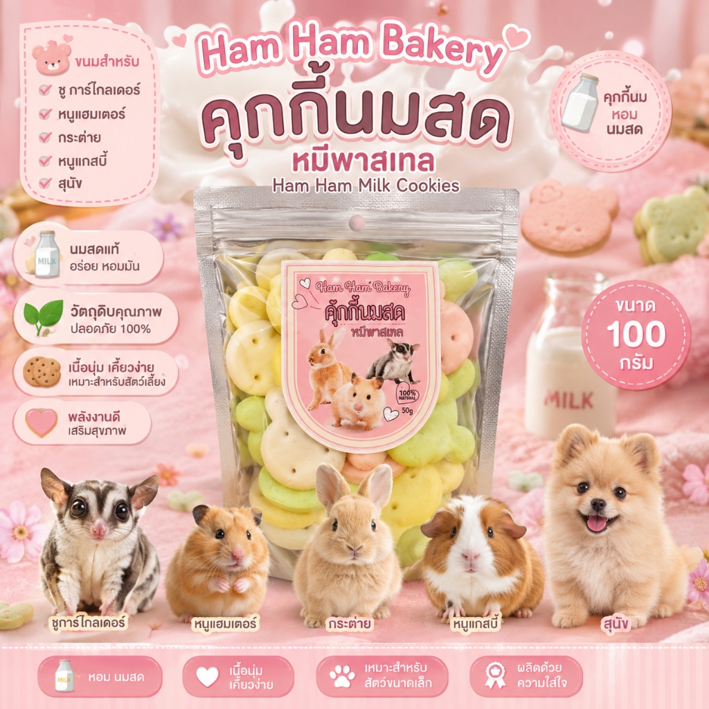 คุกกี้นมสด Ham Ham Bakery คุ้กกี้นมสด หมีพาสเทล ขนมสำหรับชูการ์ หนูแฮมเตอร์ กระต่าย หนูแกสบี้ สุนัข