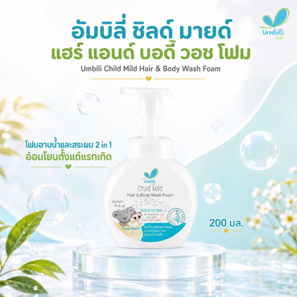 อัมบิลี่ ชิลด์ มายด์ แฮร์ แอนด์ บอดี้ วอช โฟม - มูสโฟมอาบสระ 2 in 1 200 มล.