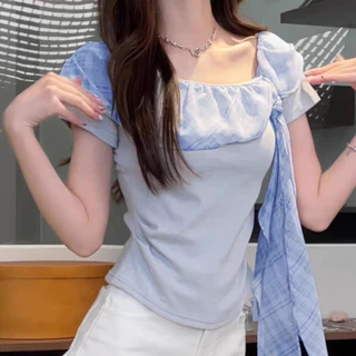 Veewink พร้อมส่งจากกรุงเทพฯ เสื้อสีฟ้าผู้หญิงน่ารักๆ แขนจีบ เสื้อแขนสั้นเอวลอย ลายสีตัดกัน ทรงกระชับตัว