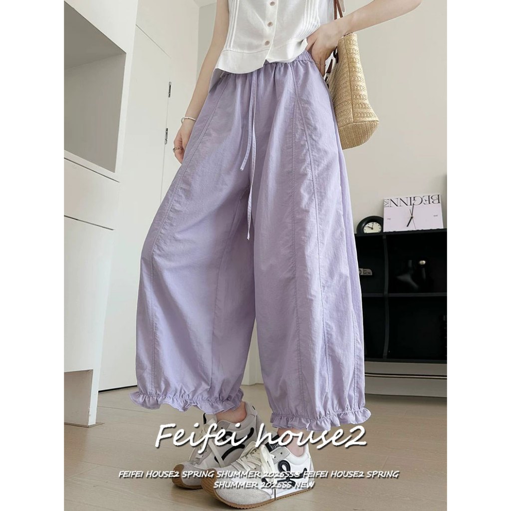 [Feifei-Quick Dry Solid Color Long Pants]กางเกงขากว้างสีพื้นผ้าอบแห้งเร็วขอบลูกฟูกสไตล์อเมริกัน