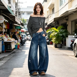 กางเกงยีนส์ กางเกงเอวสูง ขากว้าง ทรงหลวม ทรงสวย Unisex ตัดเฉียงโค้ง #T50
