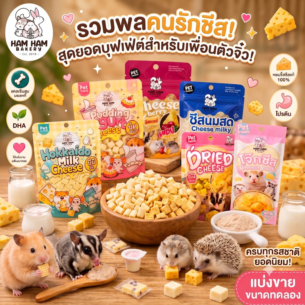 รวมพลคนรักชีส เเหล่งรวมชีส (Ham Ham Bakery) ขนม ชูการ์ เเฮมเตอร์ กระรอก ดอเม้าท์ เม่นเเคระ เเบ่งขายขนาดทดลอง