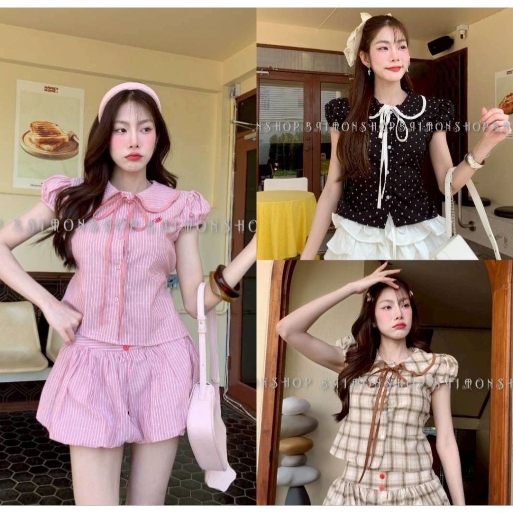 เสื้อคอบัว ผูกโบว์หน้าผูกโบว์หลัง แขนตุ๊กตา ติดกระดุม งานฮิตสุดๆ