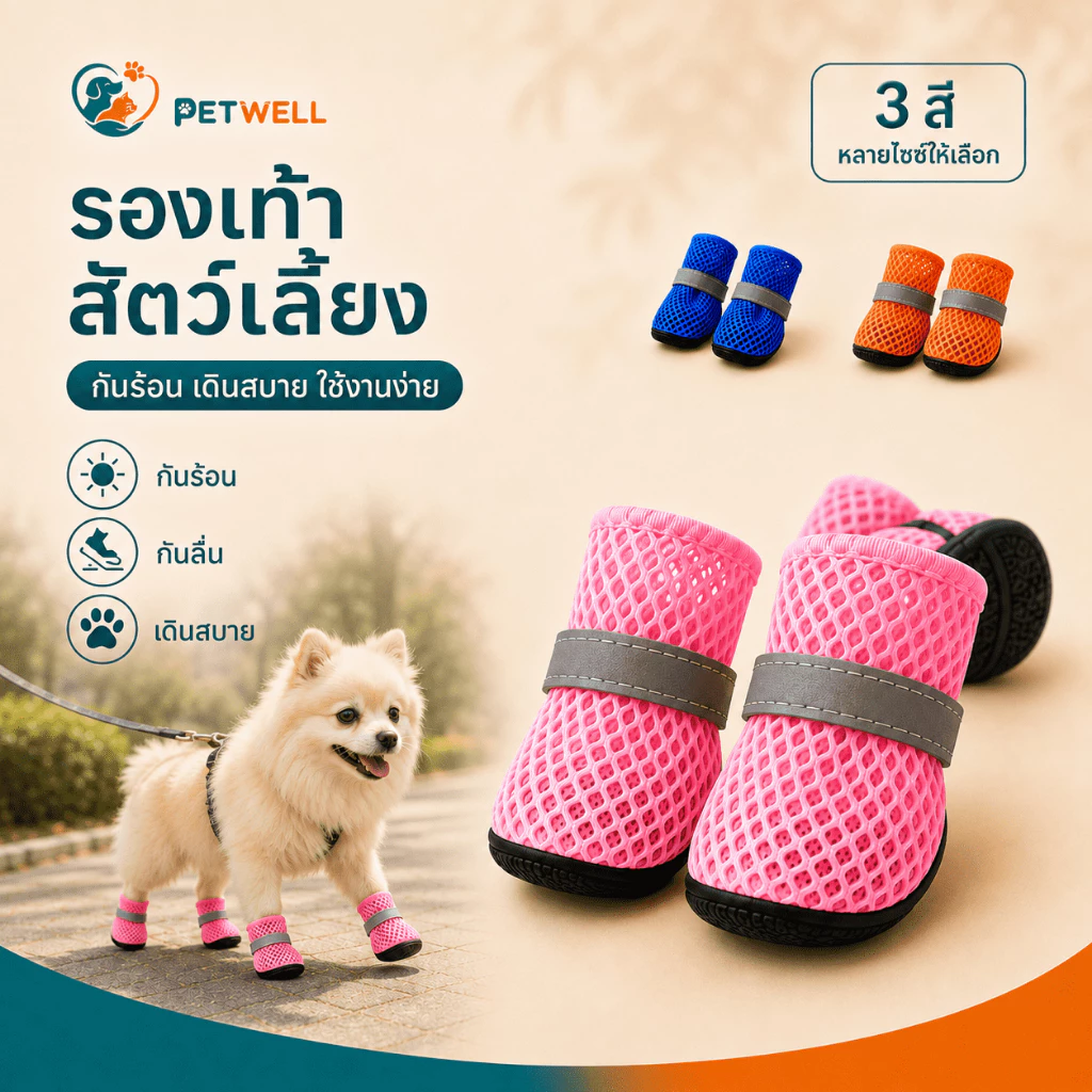 รองเท้าสุนัข PETWELL ชุด 4 ชิ้น ระบายอากาศ กันลื่น เหมาะสำหรับฤดูร้อนและกลางแจ้ง