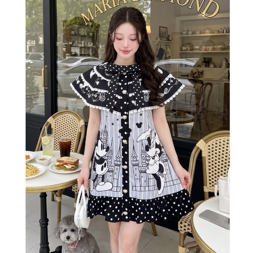 (Limited มีถึง 3XL) Maria Diamond สีดำเทา Moo Moo Dress เดรสทรงปล่อยกระดุมหน้าผ้าไหมเกาหลีพิมพ์ลาย ปกสามชั้น มีซับใน