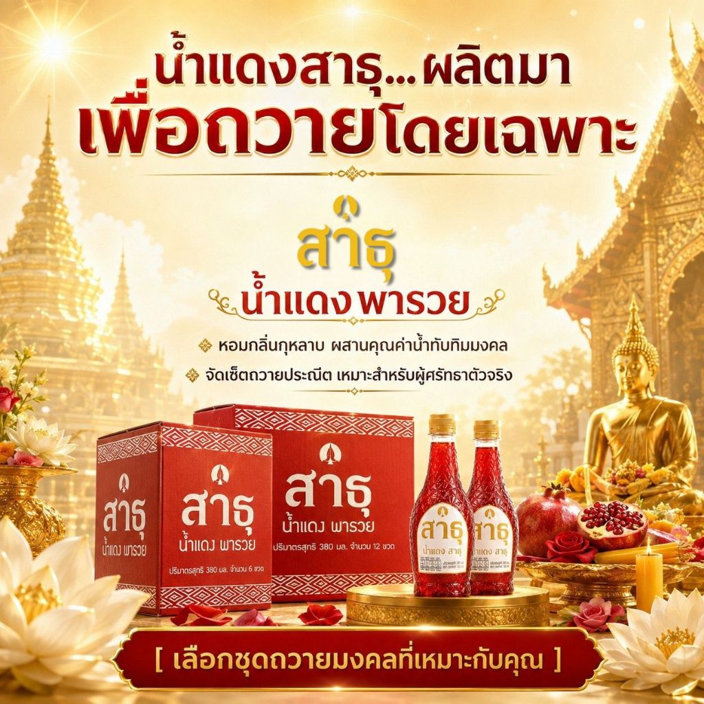 (12 ขวด)น้ำแดงสาธุ สาธุน้ำแดง น้ำทับทิมกลิ่นกุหลาบ ดื่มได้ ไหว้ดี เสริมมงคล
