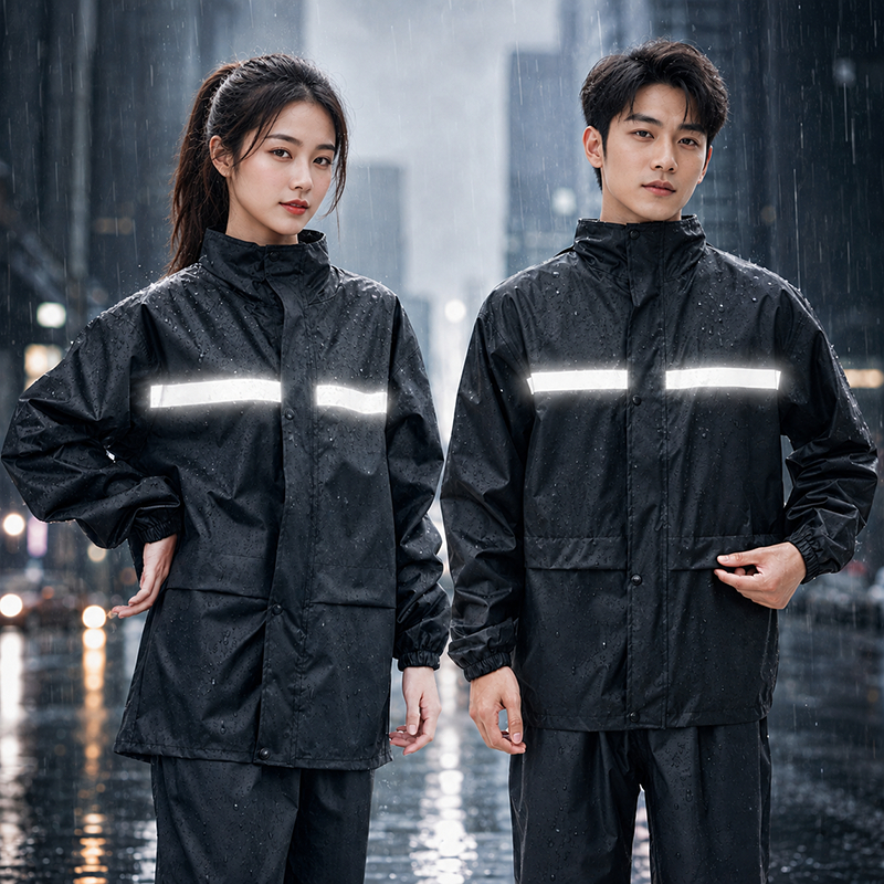 เสื้อกันฝน 2 ชิ้น  ชุดกันฝน 100% ชุดกันน้ำ มีแถบสะท้อนแสง มีหมวกติดเสื้อ  ใส่สบาย ระบายอากาศ ไม่ร้อน