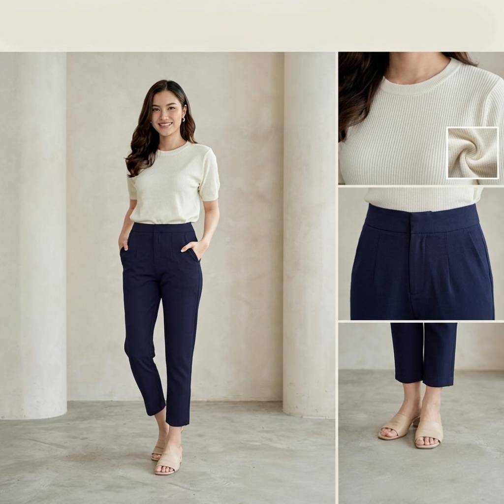 กางเกงขายาวผู้หญิง 7 ส่วนหน้าเรียบ (ผ้าฮานาโกะ) ใส่ทำงาน (S-5XL)