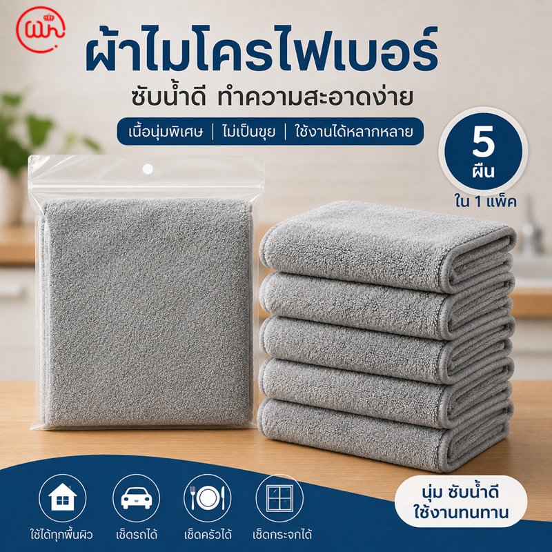 ผ้าไมโครไฟเบอร์ 5 ผืน ผ้าเช็ดรถ ผ้าเช็ดบ้าน ซับน้ำและคราบมันได้ดี ไม่เป็นรอยขีดข่วน ซักซ้ำได้ เหมาะกับทุกพื้นผิว