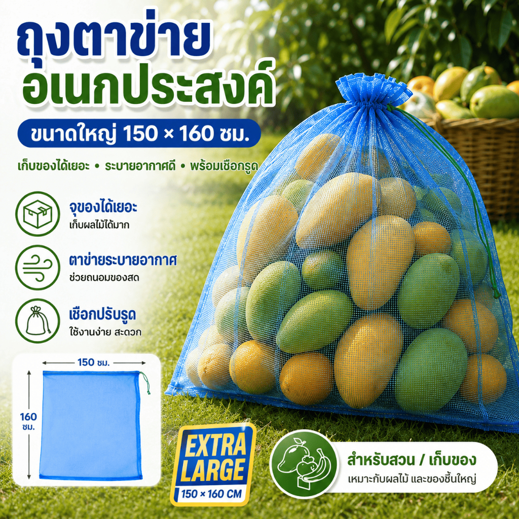 ถุงตาข่ายใส่ของ 150x160 ซม. ถุงเก็บผลไม้ ถุงเก็บใบไม้ ขนาดใหญ่ เชือกรูด จุเยอะ ใช้ซ้ำได้