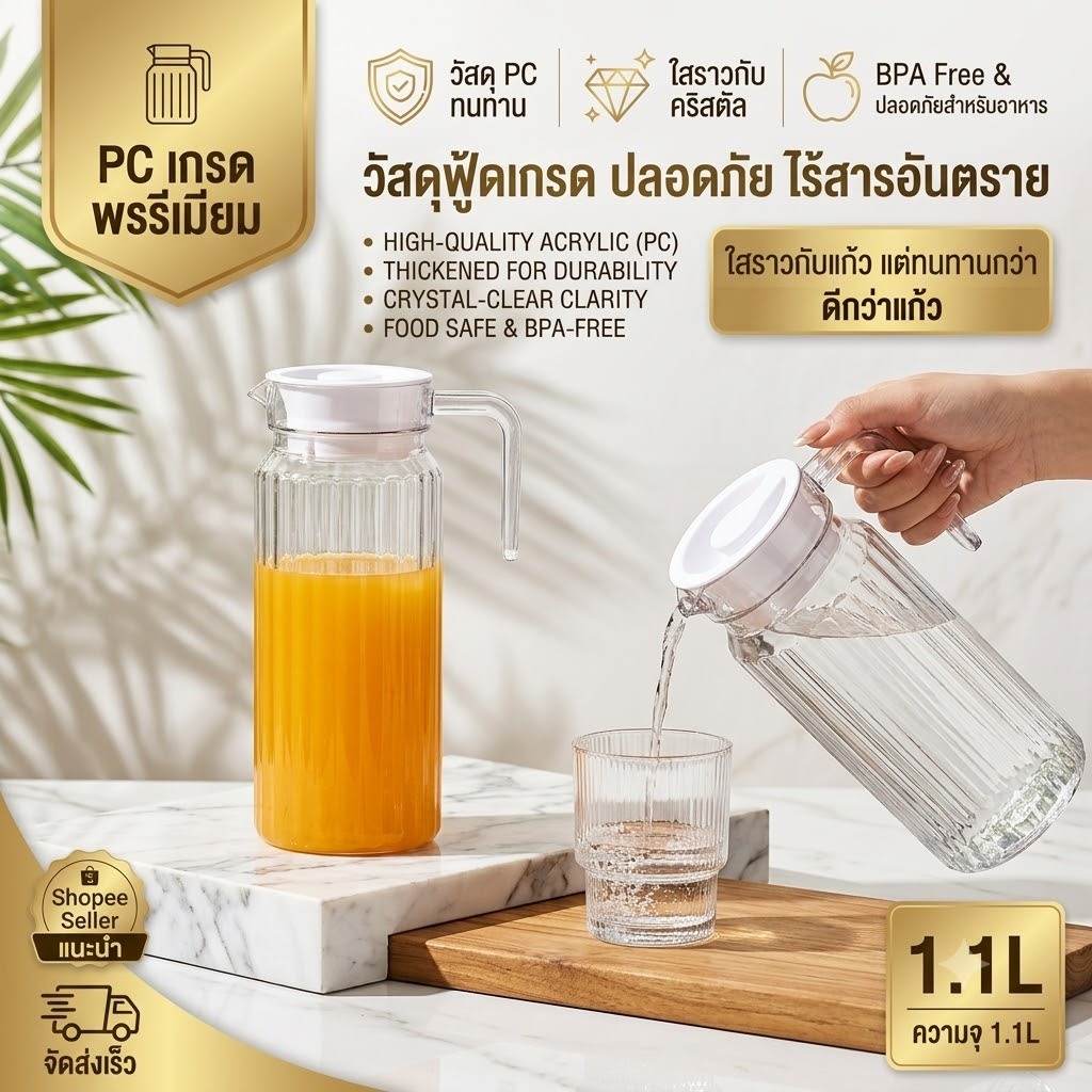 ความจุ 1100 มล. ทำจากอะคริลิก ทนทานต่อการตกกระแทก ทนความร้อน มีหูหิ้วและฝาปิด เหมาะสำหรับการใช้งานระยะยาว