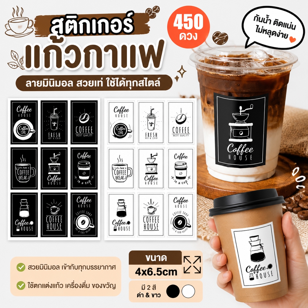 [ส่งไว ] 450 ดวง สติ๊กเกอร์ติดแก้วกาแฟสไตล์มินิมอลลายเครื่องชงกาแฟ 4x6.5ซม 2สีดำขาว กันน้ำ100% PP ไดคัทพร้อมใช้ X.9