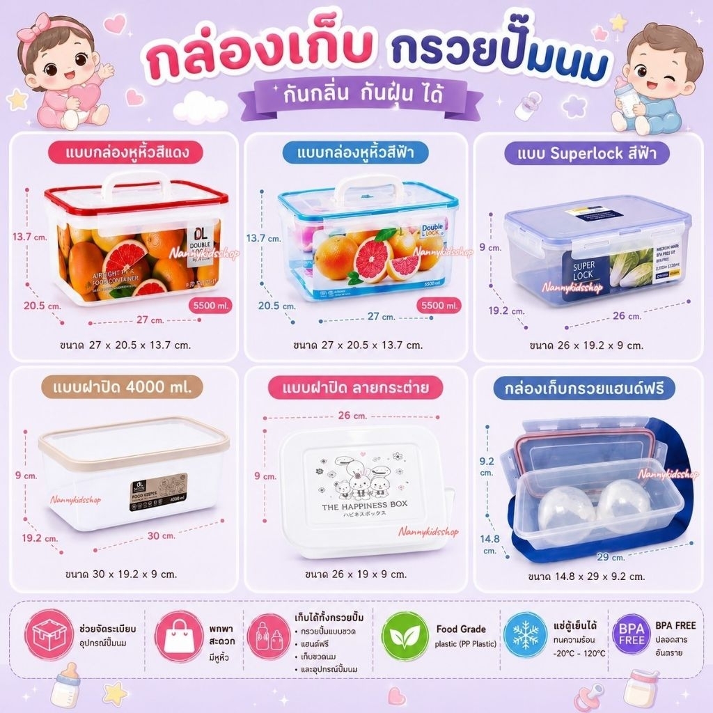 กล่องเก็บชุดกรวยปั้มนม พร้อมฝาล็อค กันกลิ่น กันฝุ่นได้ แบบหูหิ้ว Double lock / แบบฝาเปิด  BPA Free ฟรีซได้ พกพาสะดวก