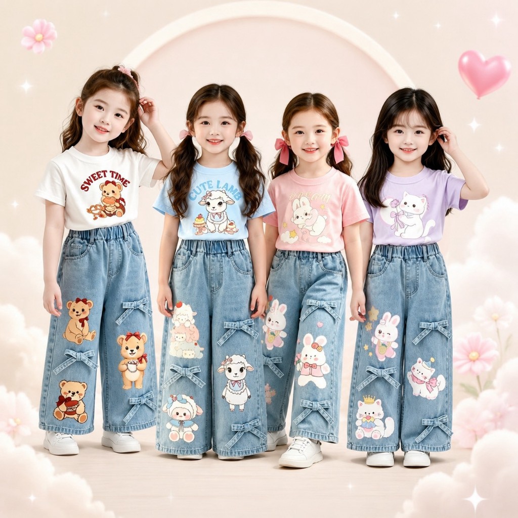 BB366 เช็ตคู่เสื้อยืด + กางเกงยีนส์เด็กผู้หญิง กางเกงขายาวลายการ์ตูนหมีกระต่าย น่ารัก ใส่คู่เสื้อยืด รูปที่ 1