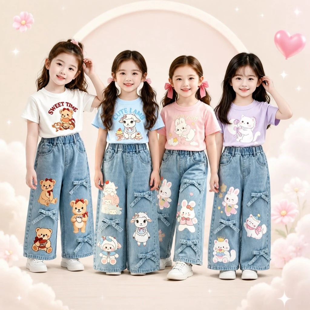 BB366 เช็ตคู่เสื้อยืด + กางเกงยีนส์เด็กผู้หญิง กางเกงขายาวลายการ์ตูนหมีกระต่าย น่ารัก ใส่คู่เสื้อยืด