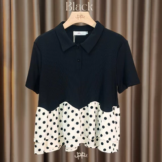 POI Polka Dot เสื้อยืดผ้าร่องแต่งระบายลายจุด T024G7