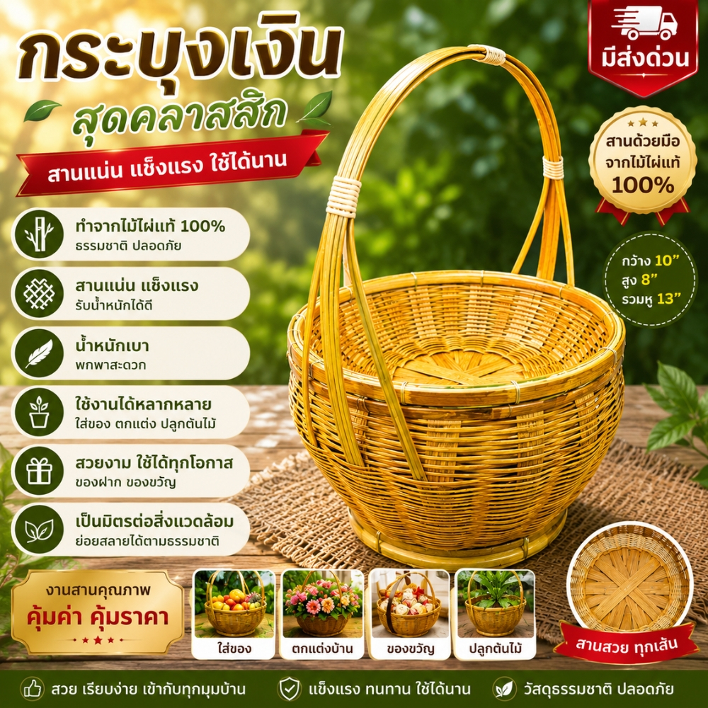 กระบุงมีหูหิ้ว กระบุง กระบุงเงิน ตะกร้าใส่เงิน ขนาด 10 นิ้ว สูง 7 นิ้ว (กระบุงมีฐานทรงกลมมีหูหิ้ว10นิ้ว)