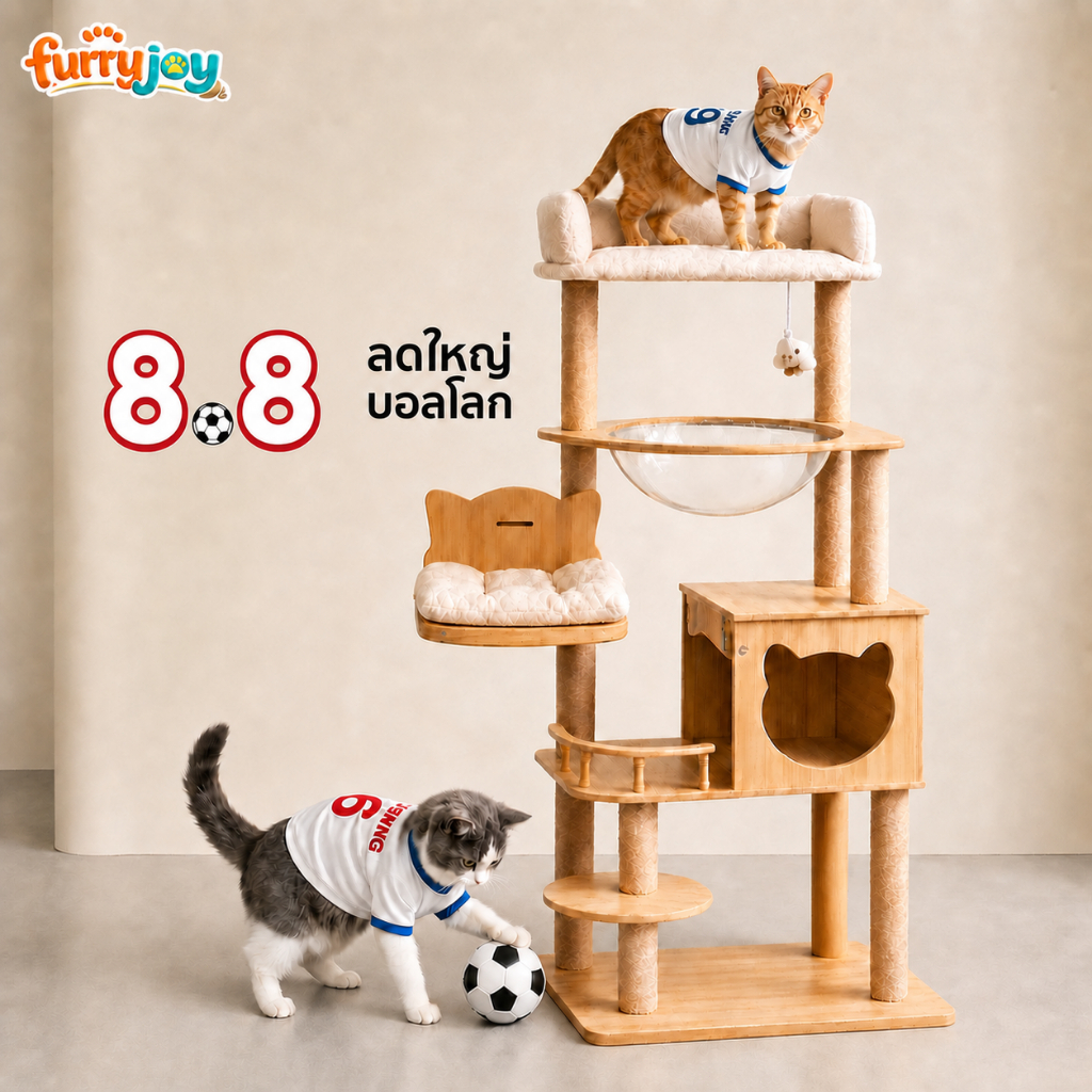 [FurryJoy] คอนโดแมวไม้ 150CM รุ่นพรีเมียม 5in1 หลุมนอนใส+บ้านแมว+เปลญวน แข็งแรง ไม่ล้ม สำหรับแมว 1-3 ตัว