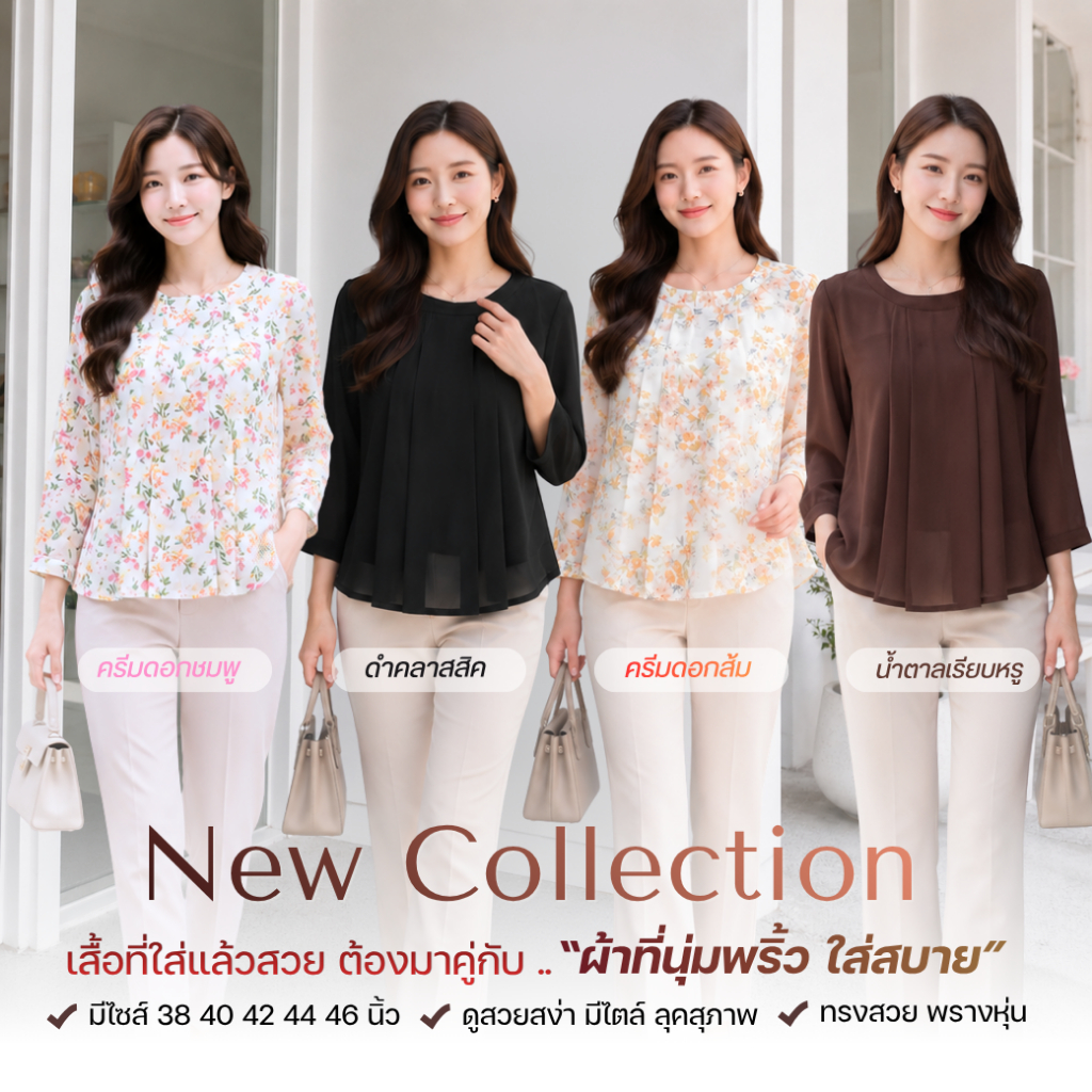 เสื้อชีฟองเนื้อทราย มีซับใน เดลี่ สวย หวาน สวยหมือนสั่งตัด มีไซส์รอบอก38-46 นิ้ว Brand Bluecherry แบรนด์คนไทย