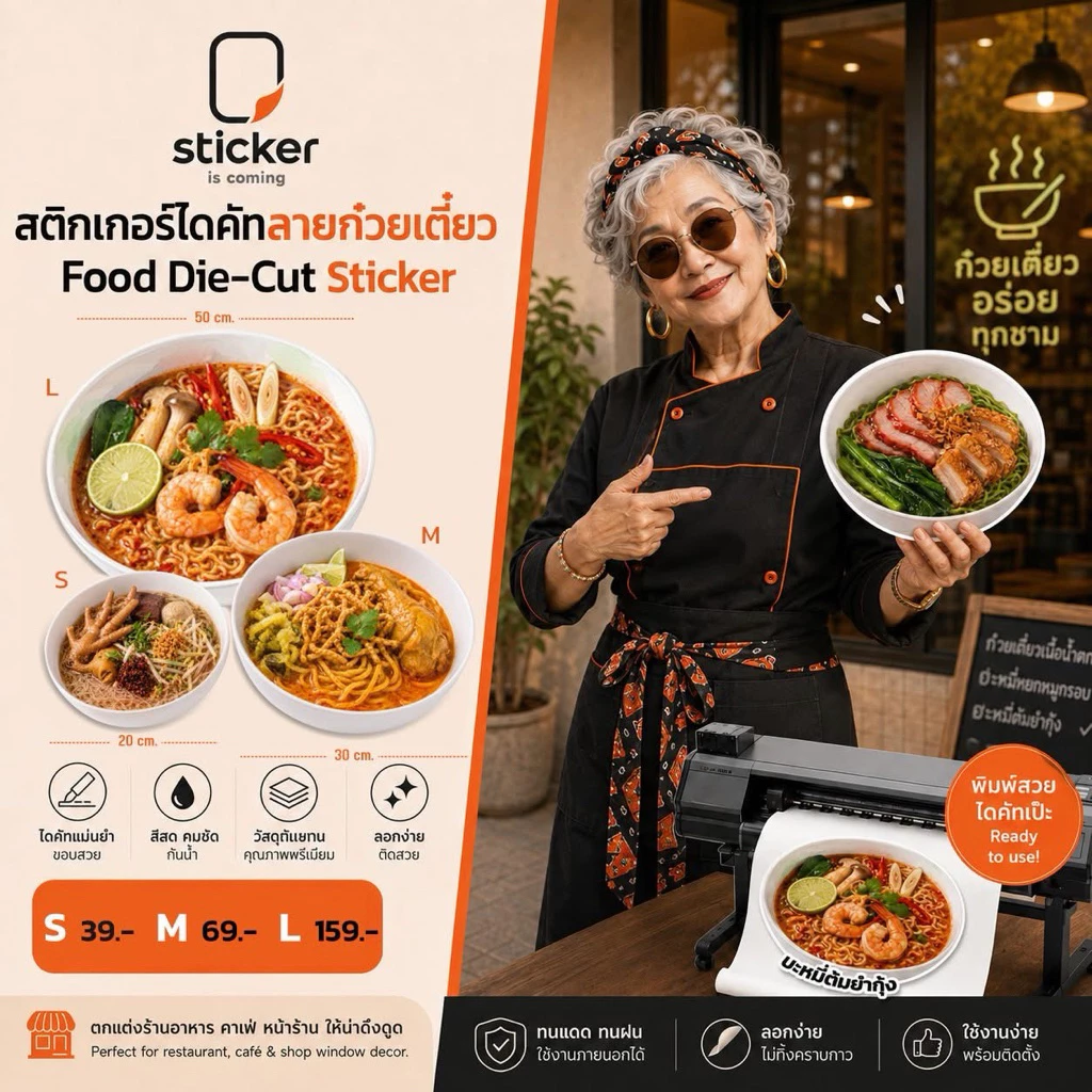 สติกเกอร์ไดคัทลายก๋วยเตี๋ยว (สำหรับตกแต่งร้านอาหาร) ขนาด S,M,L