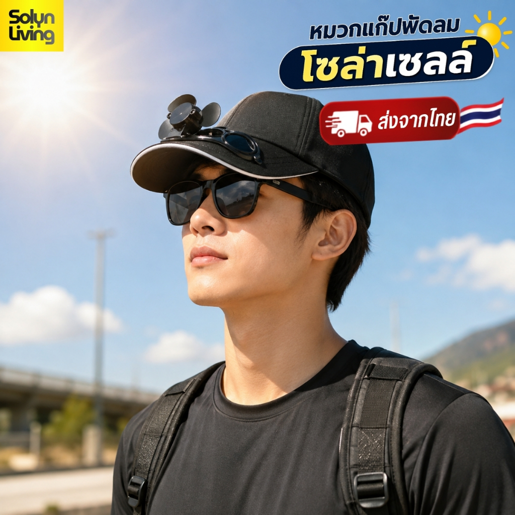 Solyn หมวกแก๊ปพัดลม โซล่าเซลล์ ฟรีไซส์ สวมใส่สบาย ใช้พลังงานแสงอาทิตย์ ช่วยคลายไอร้อน (พร้อมส่งจากไท