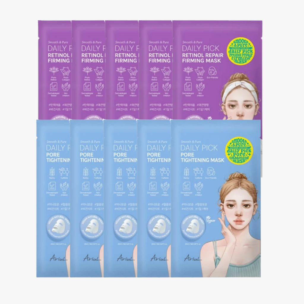 10 แผ่น Day & Night Ariul Smooth Pure Pore Tightening + Retinol Repair Face Masks 5+5