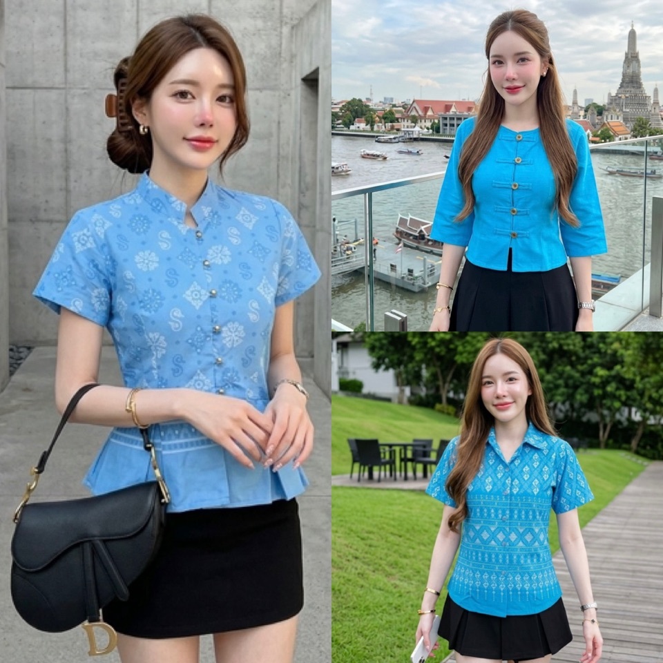 รวมเสื้อผ้าไทยผู้หญิง เสื้อสีฟ้าใส่วันแม่สวยมากค่ะ