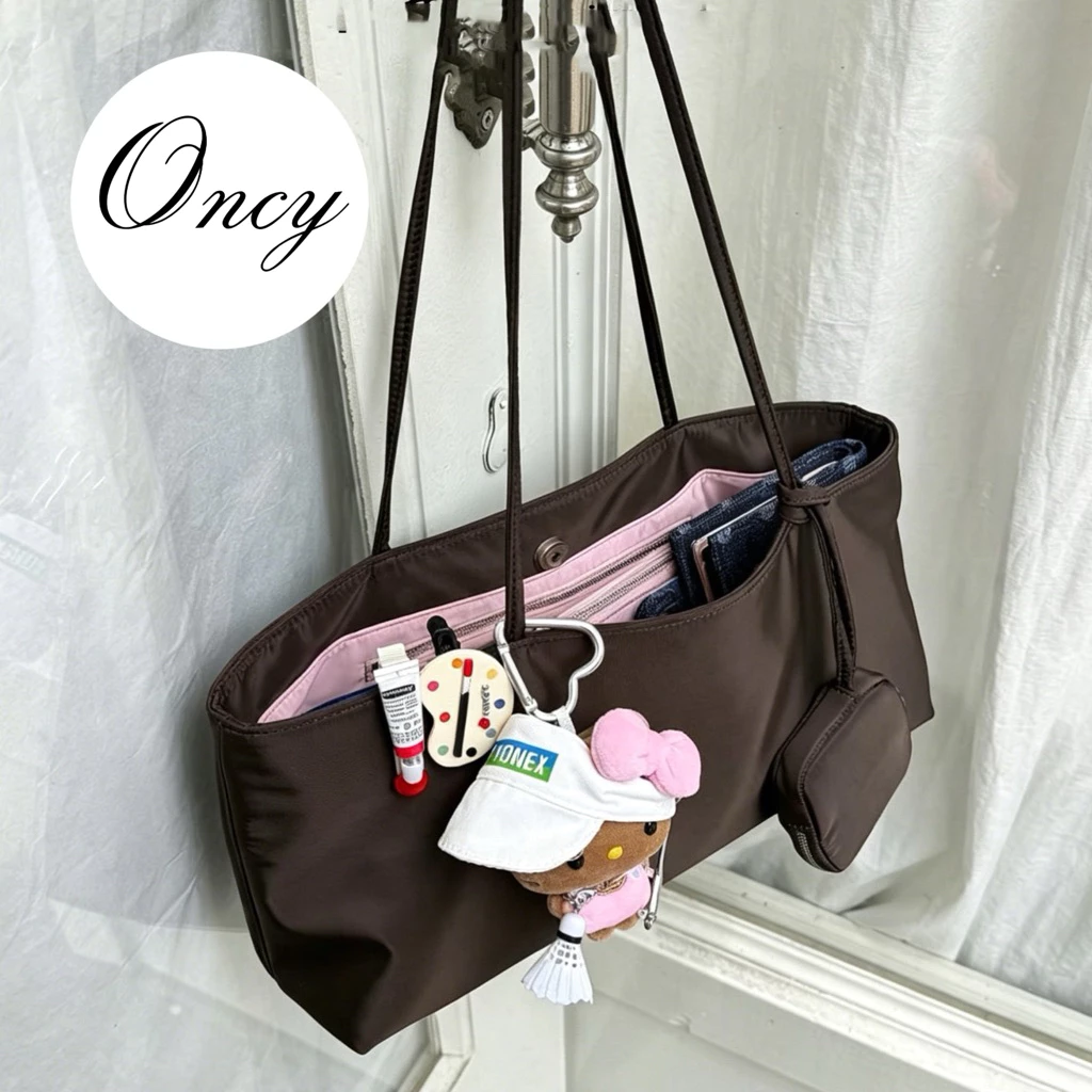 Oncyshop กระเป๋าสะพาย แถมใบเล็กทุกออเดอร์ คู่สีbrown-pink กระเป๋าไนลอน