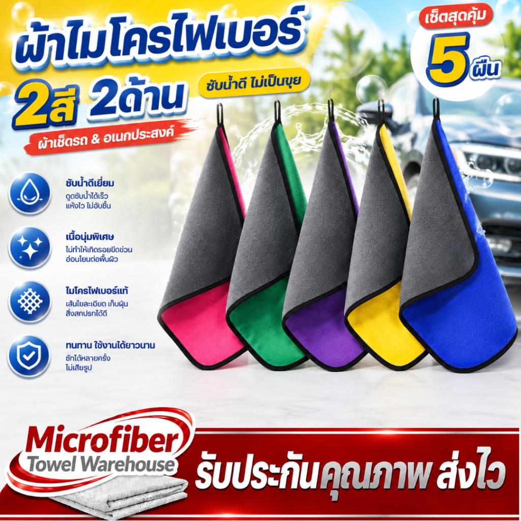 ผ้าไมโครไฟเบอร์ ผ้าสองสี 3D (เซ็ต5ผืน)  ซับน้ำดี ขนาด 30*30 cm ผ้าเช็ดรถ ผ้าอเนกประสงค์