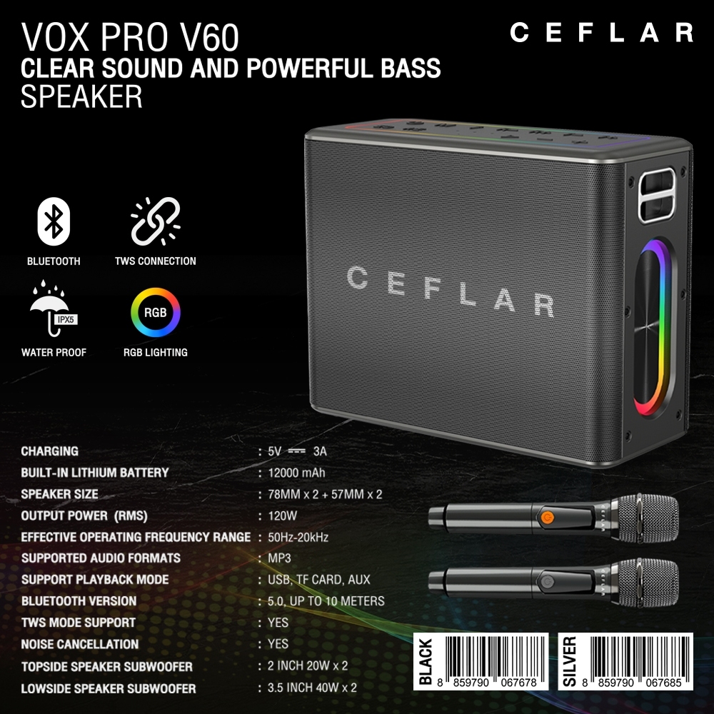 CEFLAR VOX PRO V60 ตู้ลำโพงบลูทูธ พร้อมไมโครโฟนไร้สายถือคู่พกพาสะดวก