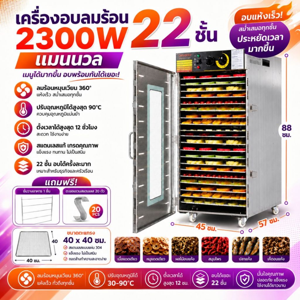 ตู้อบลมร้อน 20/22ชั้น ตะแกรงใหญ่ ประกัน1ปี (มี6รุ่น) ตู้อบผลไม้ แถมฟรีแผ่นซิลิโคน 10แผ่น เครื่องอบอาหาร/พร้อมส่งจากไทย